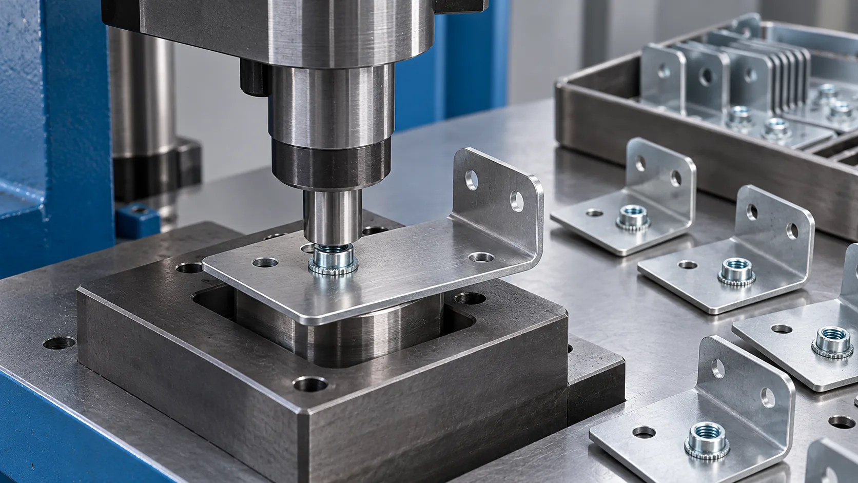 Illustrative press fitting a threaded insert into a sheet metal bracket