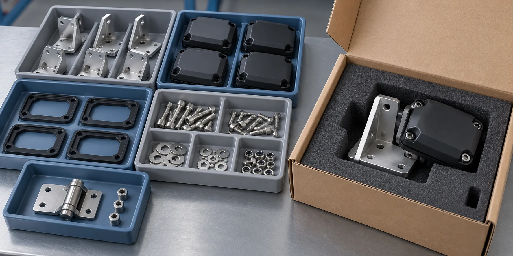 Illustrative BOM component trays and a mechanical subassembly protected for shipment
