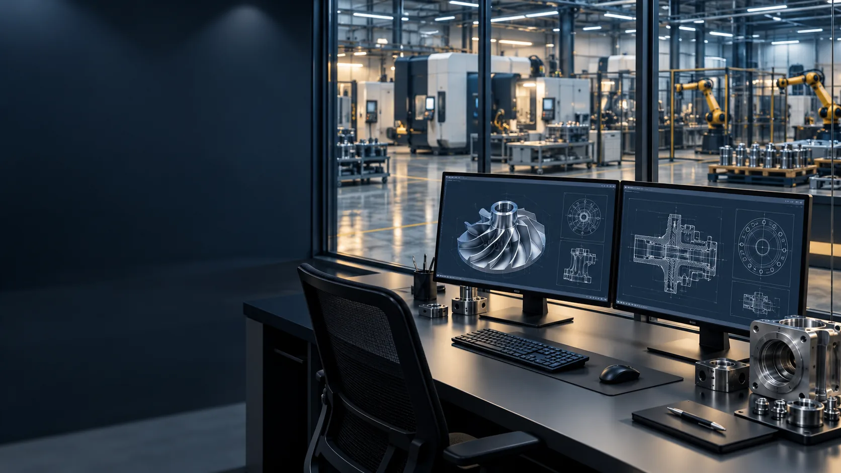 Illustrative engineering workstation overlooking an automated production area
