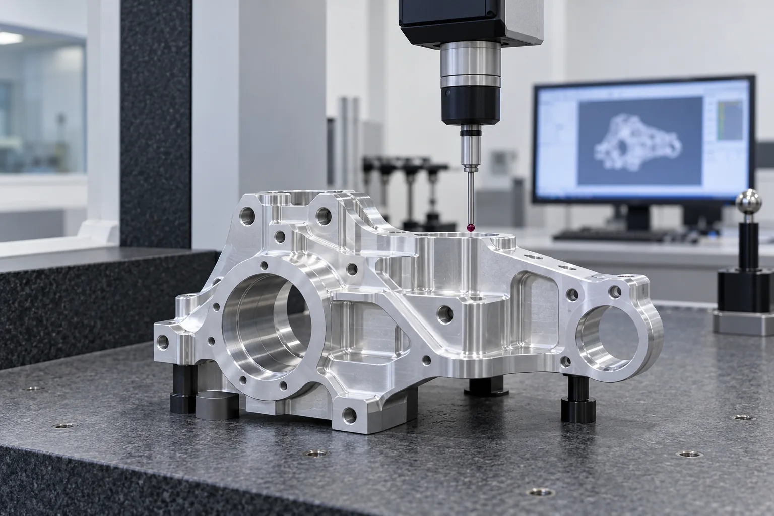 Illustrative CMM probe checking a machined component