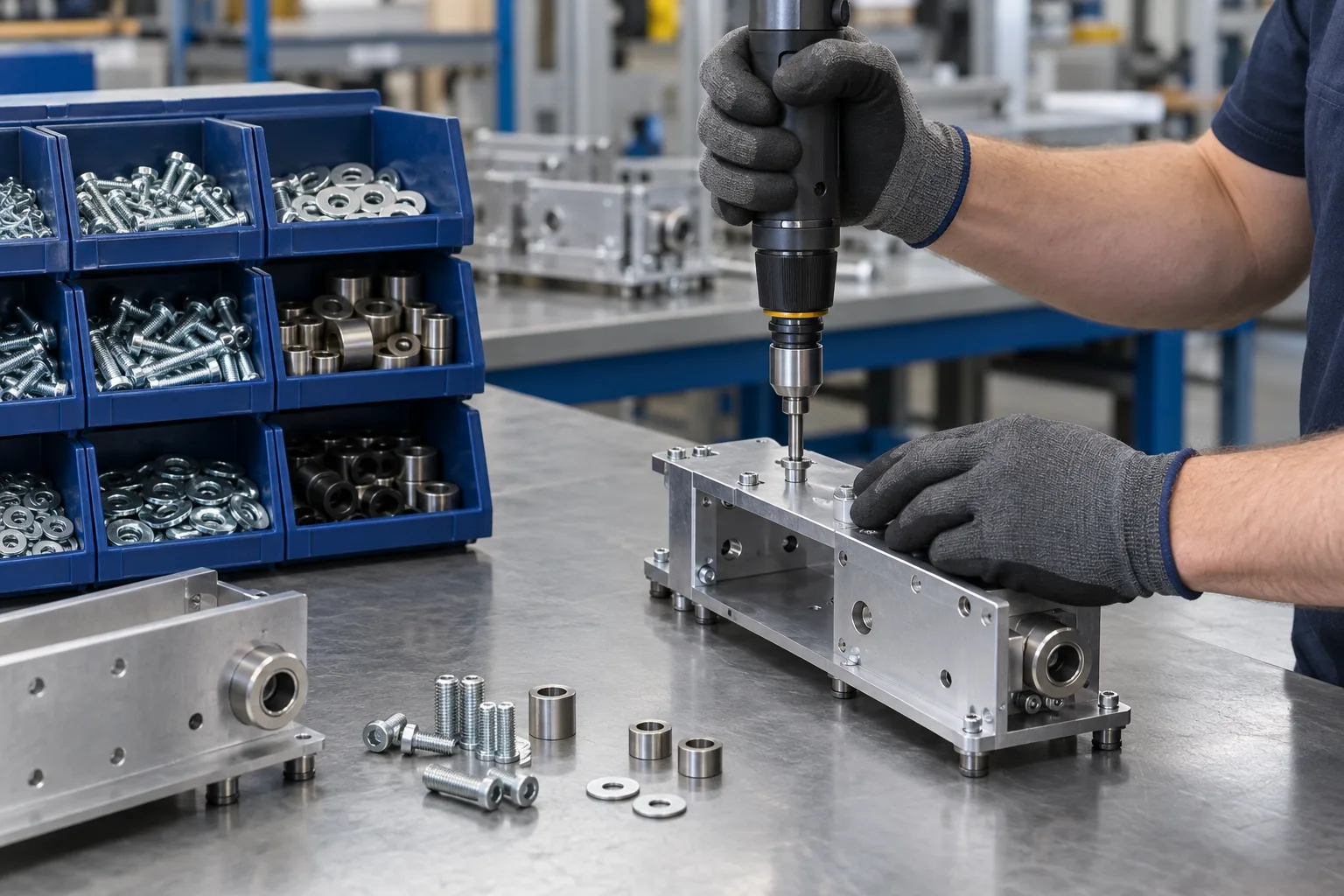 Illustrative mechanical subassembly being built from organized components