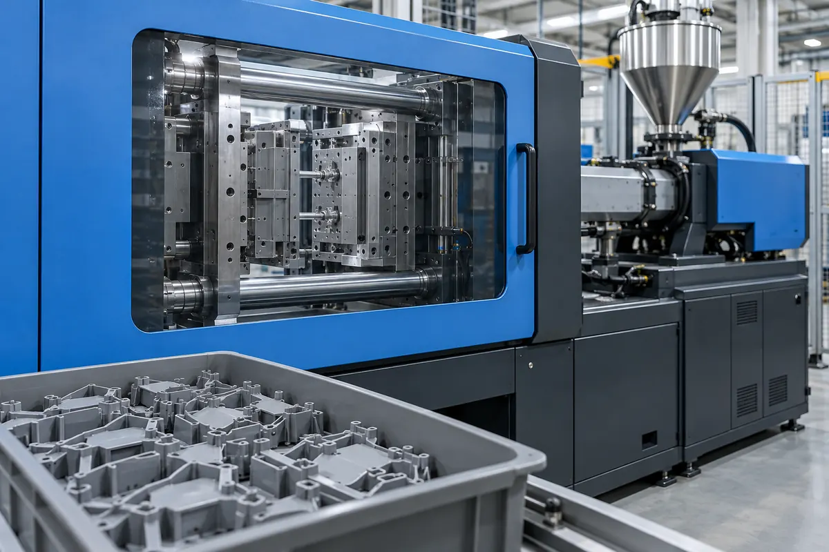 Injection molding press with steel mold visible through the guard and molded plastic parts in a tray