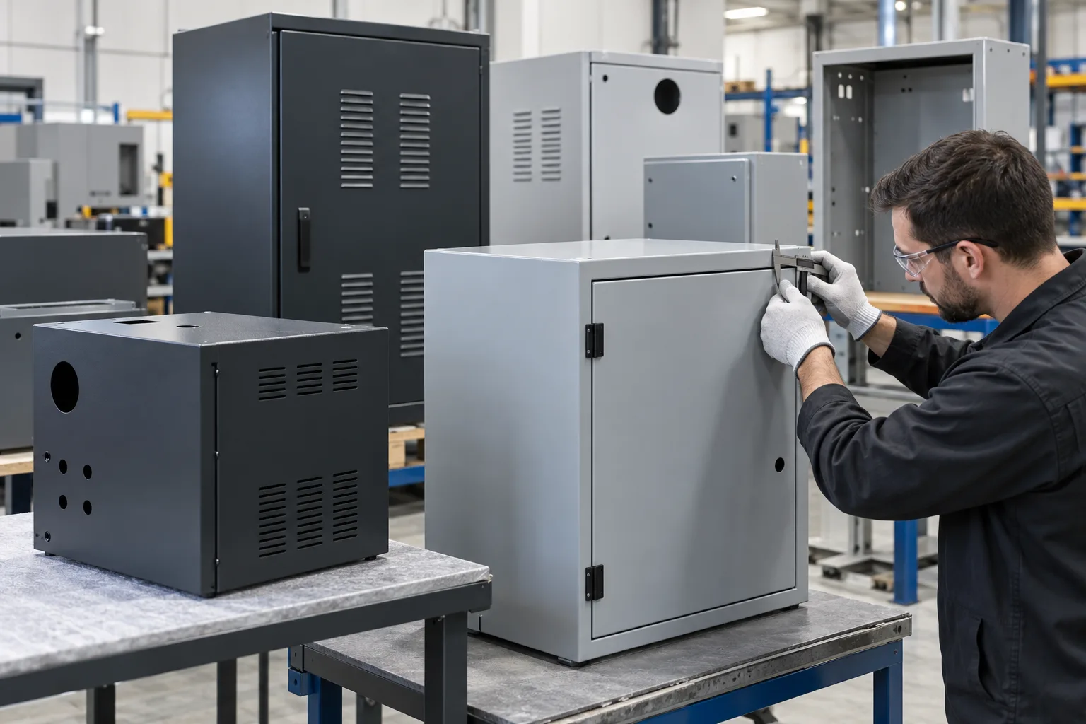 Illustrative powder-coated sheet metal enclosures during dimensional inspection