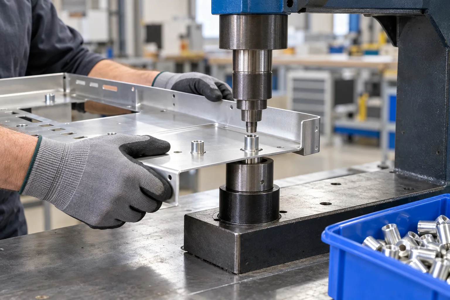 Illustrative station pressing a threaded standoff into a formed metal panel