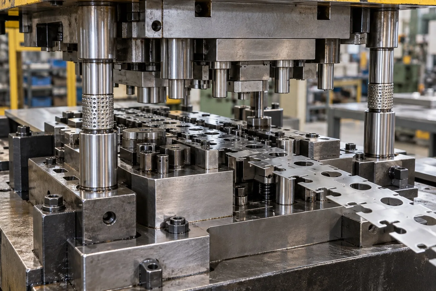 Progressive stamping die with guide posts, punch stations and stamped strip